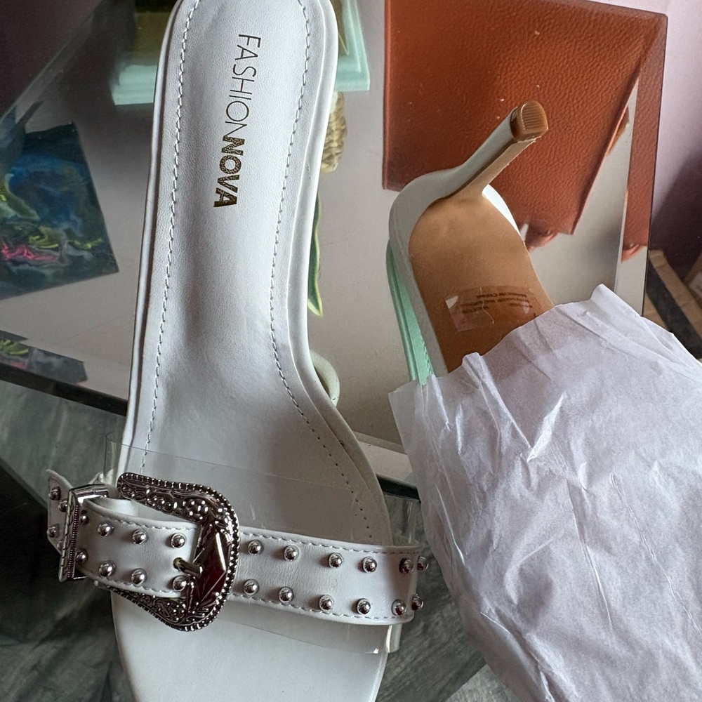 Fashion Nova White Studded Buckle Heels